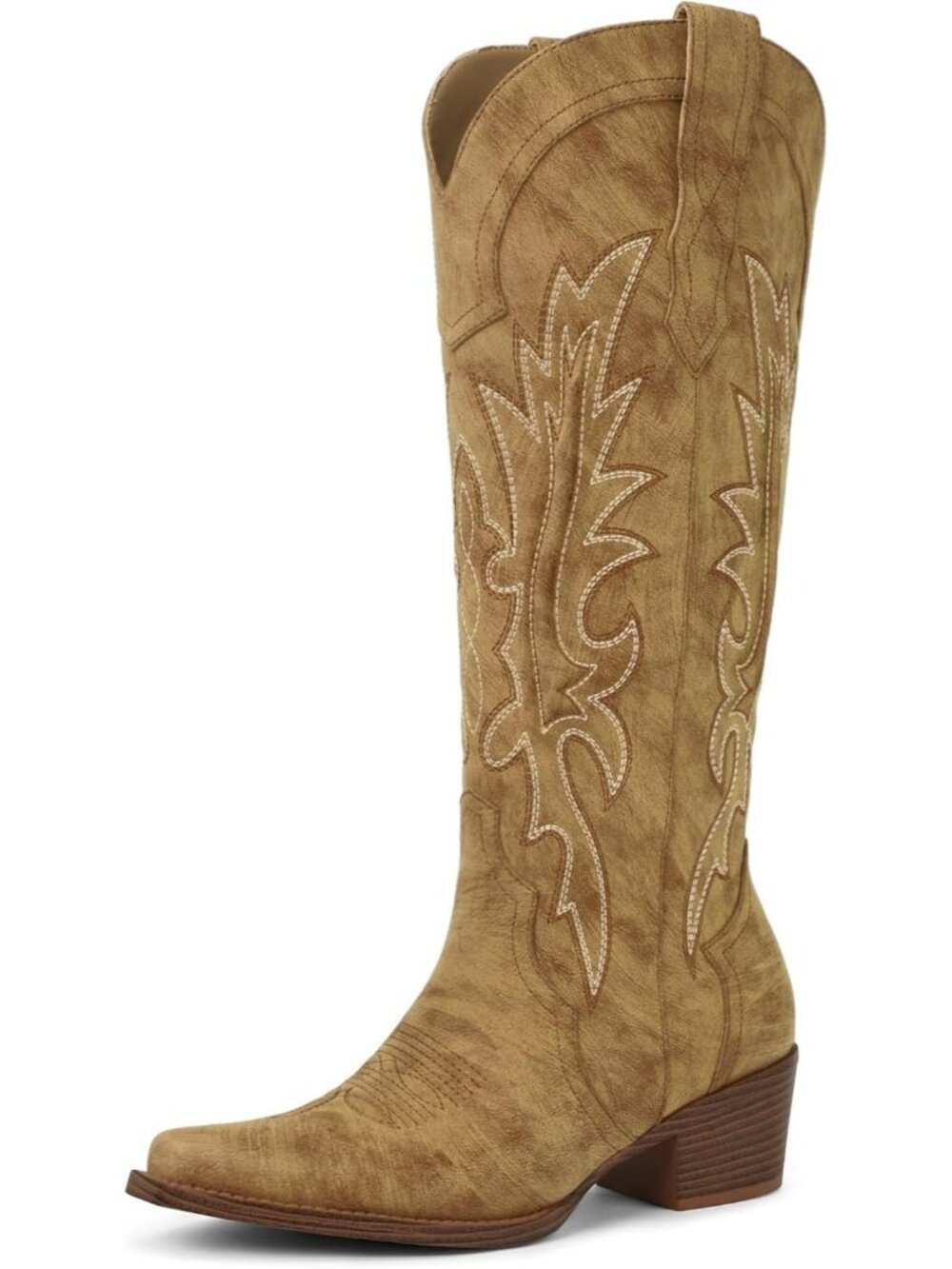Women's Light Brown Knee High Cowgirl Boot Pointed Toe Western Boot Chunky Heel